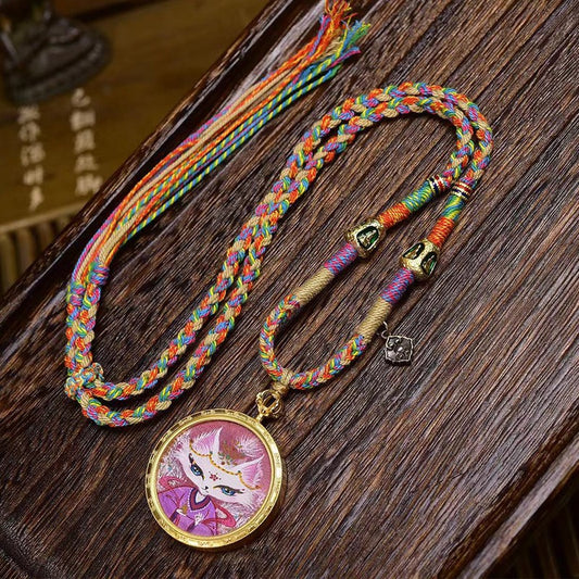 Zen Healing Tibet Hand-Painted Fox Amulet Prtection Braided Necklace