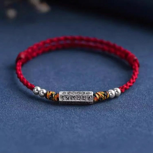 Zen Healing Tibetan 925 Sterling Silver Six True Words Red String Blessing Bracelet Anklets