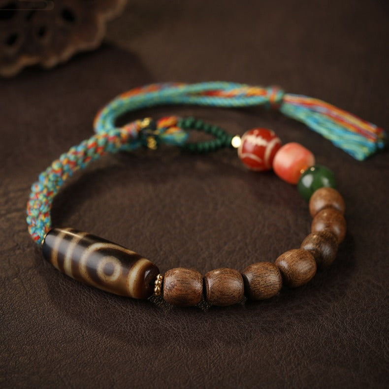 Zen Healing Tibetan Agarwood Agate Dzi Bead Protection Braided Bracelet