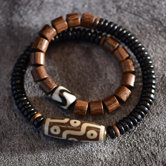 Zen Healing Tibetan Ebony Sandalwood Agate Nine-Eye Dzi Bead Protection Double Wrap Bracelet