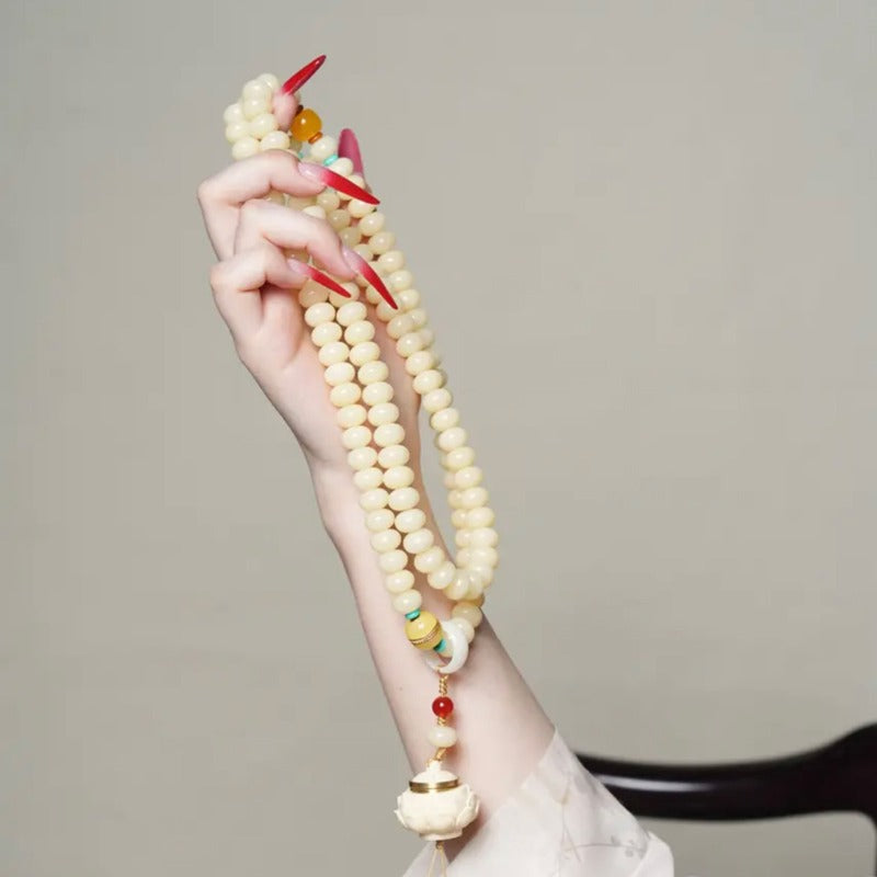 Zen Healing 108 Mala Beads Natural White Jade Bodhi Multi-turn Harmony Bracelet