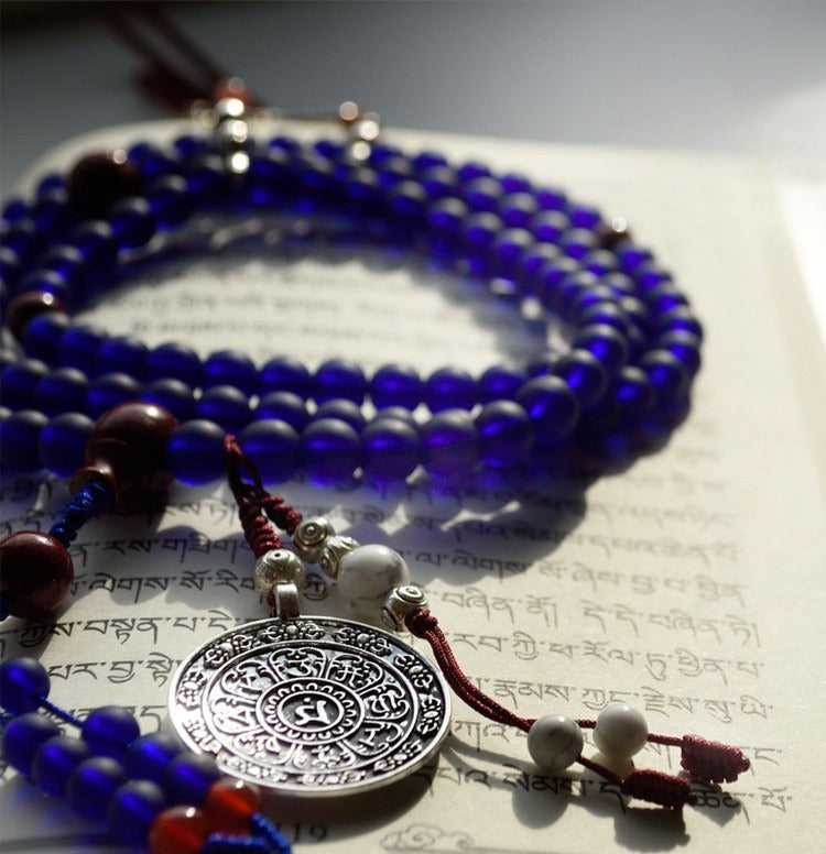 Zen Healing 108 Mala Beads Nepalese Blue Liuli Glass Bead Calm Bracelet