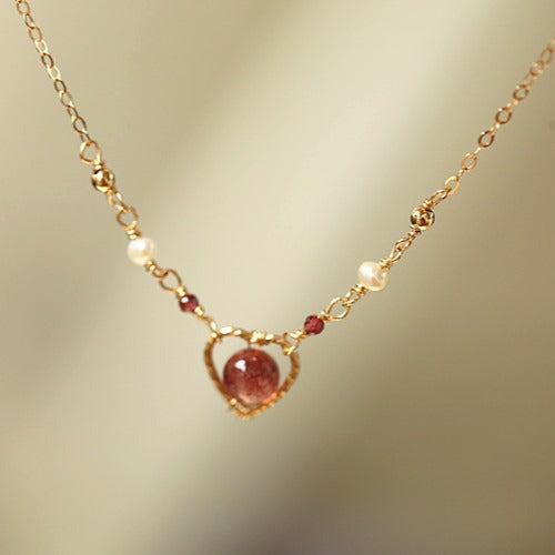 Zen Healing 14K Gold Plated Strawberry Quartz Heart Pendant Love Necklace