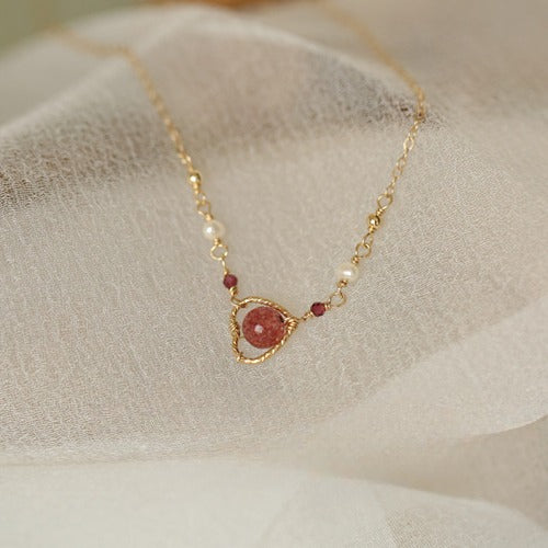 Zen Healing 14K Gold Plated Strawberry Quartz Heart Pendant Love Necklace