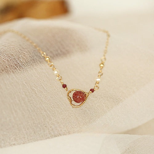 Zen Healing 14K Gold Plated Strawberry Quartz Heart Pendant Love Necklace