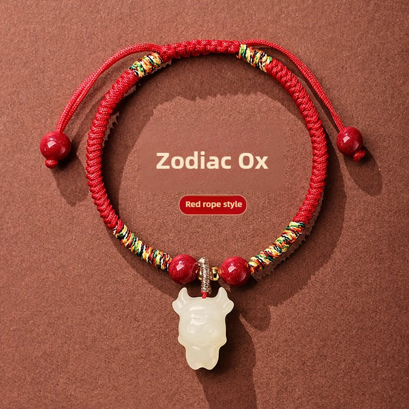 Zen Healing 2025 Chinese Zodiac Hetian Jade Peace Prosperity Red String Bracelet
