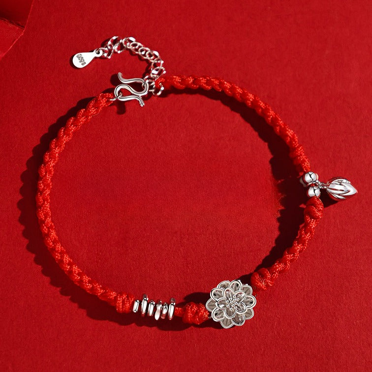 Zen Healing 925 Silver Lotus Luck Red String Bracelet