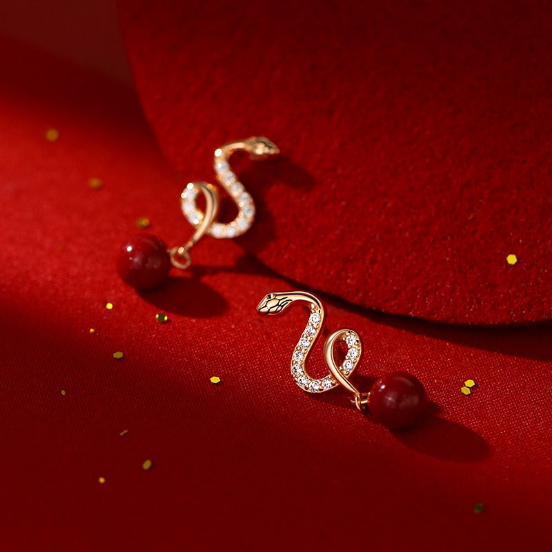Zen Healing 925 Sterling Silver Cinnabar Year Of The Snake Blessing Earrings