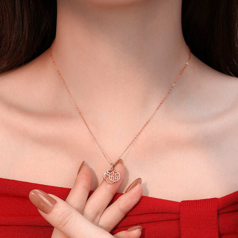 Zen Healing 925 Sterling Silver Snake Year Fu Character Good Luck Amulet Pendant Necklace