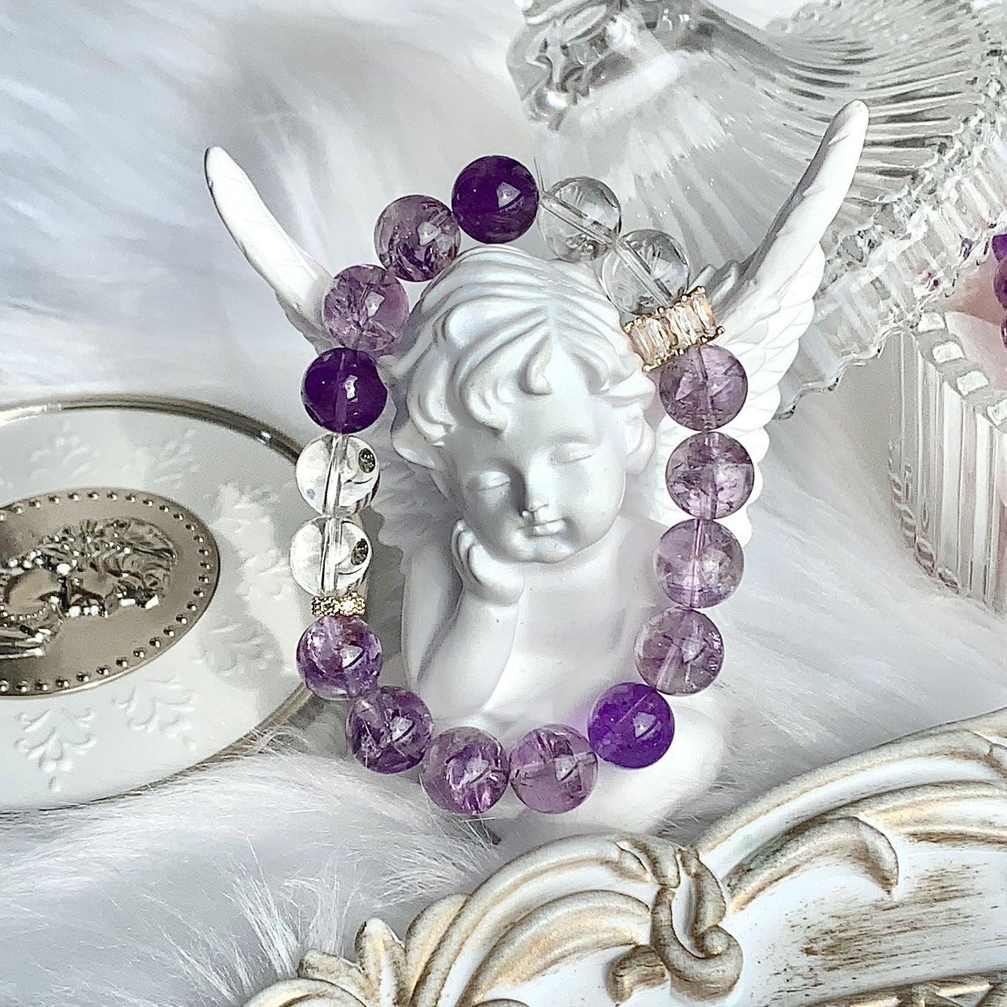 Zen Healing Amethyst Crystal Clear Quartz Wisdom Bracelet