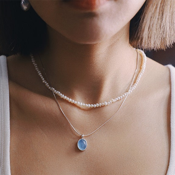 Zen Healing Aquamarine Pendant Peace Pearl Necklace