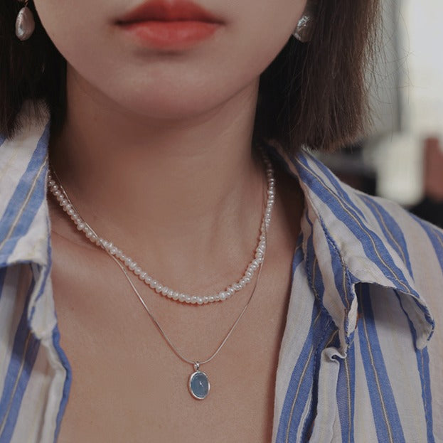 Zen Healing Aquamarine Pendant Peace Pearl Necklace