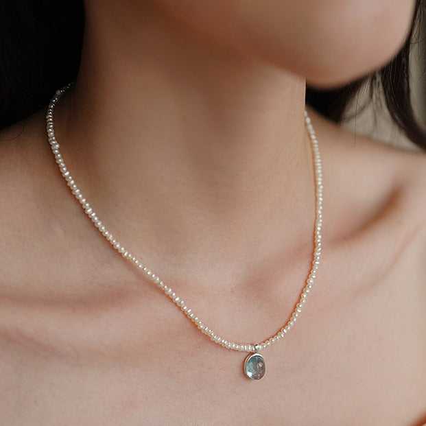 Zen Healing Aquamarine Pendant Peace Pearl Necklace