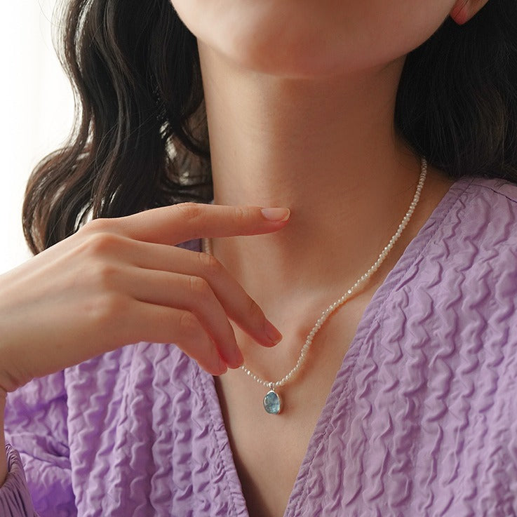 Zen Healing Aquamarine Pendant Peace Pearl Necklace