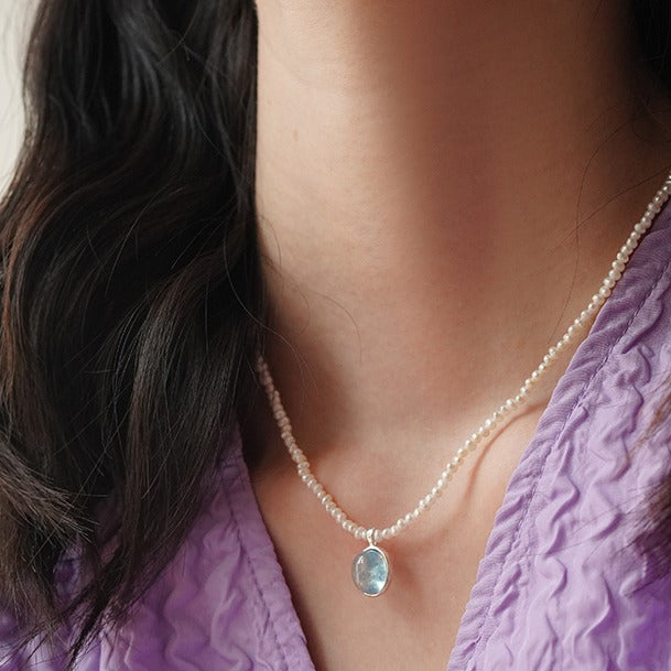 Zen Healing Aquamarine Pendant Peace Pearl Necklace