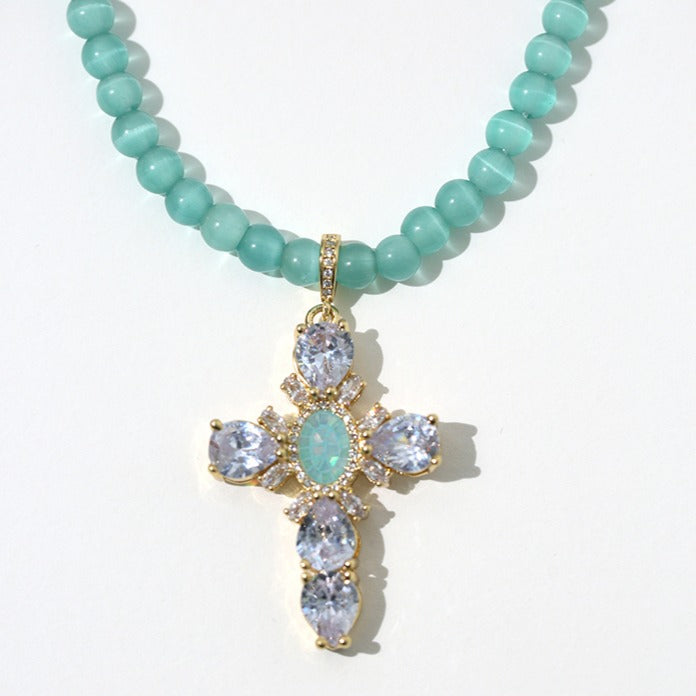 Zen Healing Cat's Eye Stone Shining Cross Charm Pendant Necklace