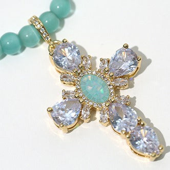 Zen Healing Cat's Eye Stone Shining Cross Charm Pendant Necklace