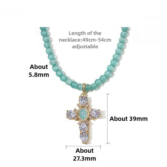 Zen Healing Cat's Eye Stone Shining Cross Charm Pendant Necklace