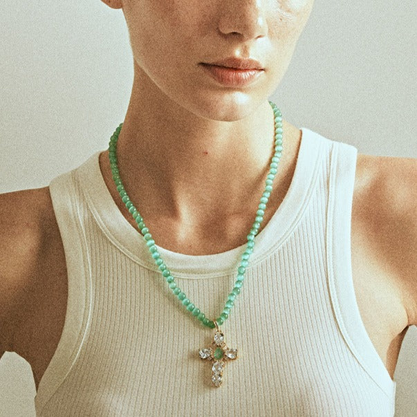 Zen Healing Cat's Eye Stone Shining Cross Charm Pendant Necklace
