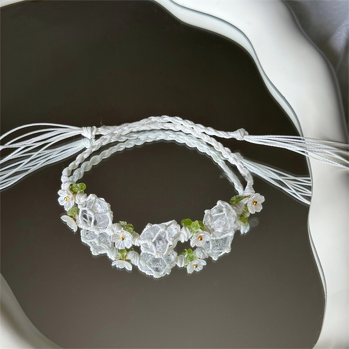 Zen Healing Clear Quartz Handmade Jasmine Flower Blessing Braided Bracelet