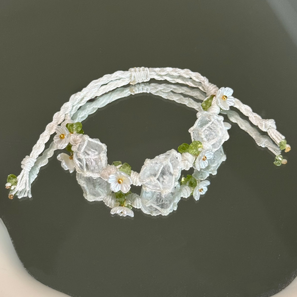 Zen Healing Clear Quartz Handmade Jasmine Flower Blessing Braided Bracelet