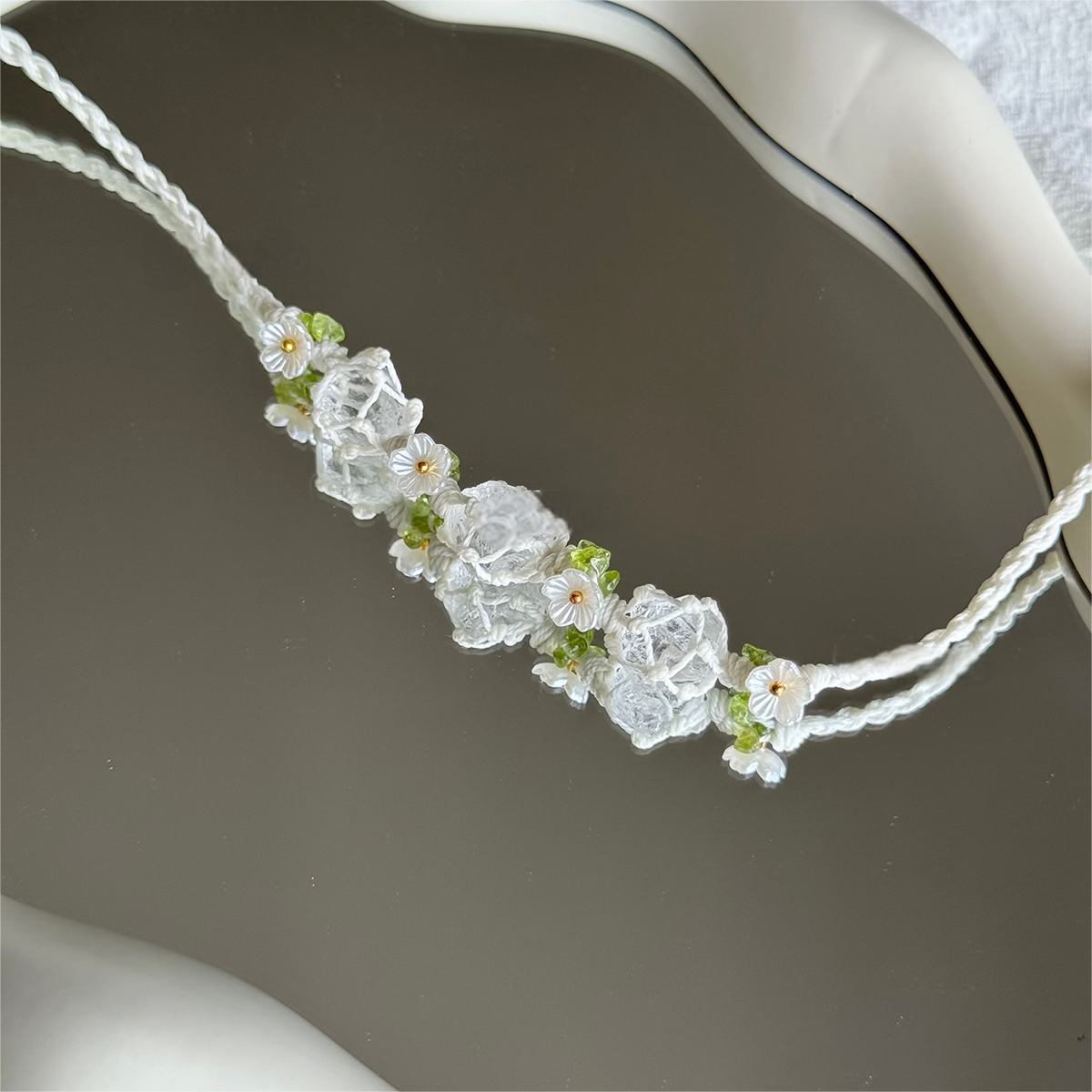 Zen Healing Clear Quartz Handmade Jasmine Flower Blessing Braided Bracelet