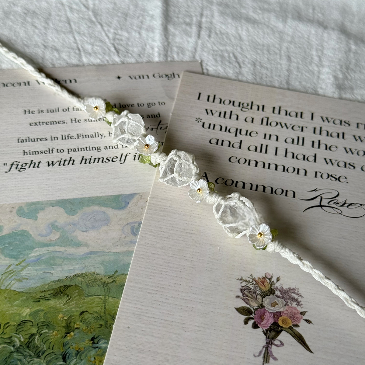 Zen Healing Clear Quartz Handmade Jasmine Flower Blessing Braided Bracelet