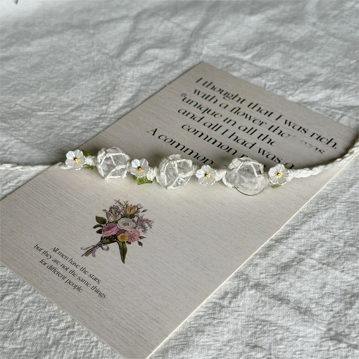 Zen Healing Clear Quartz Handmade Jasmine Flower Blessing Braided Bracelet