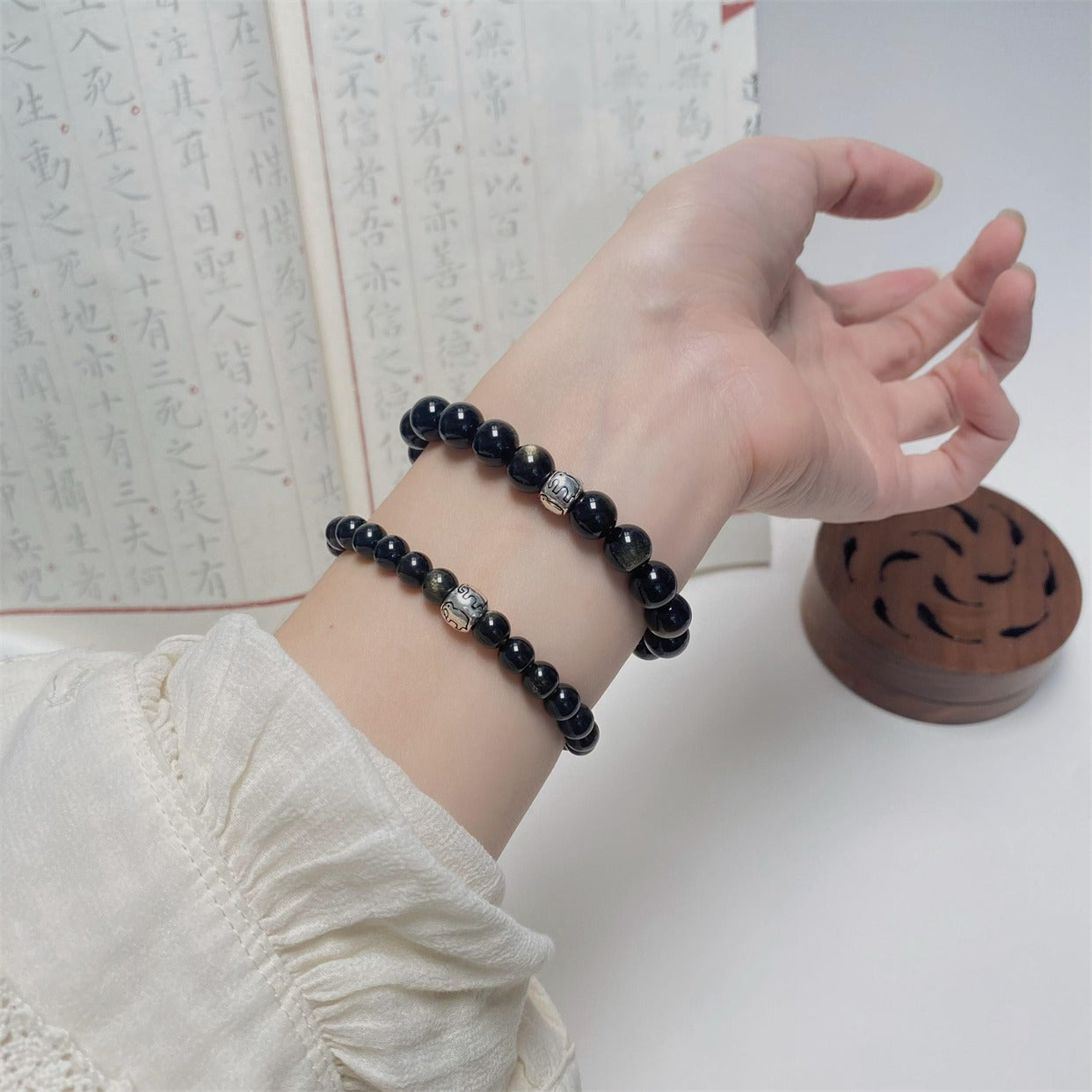 Zen Healing Gold Sheen Obsidian 925 Silver Elephant Lucky Bracelet
