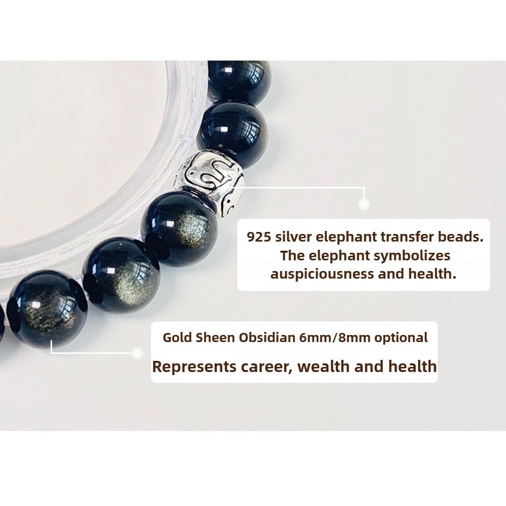Zen Healing Gold Sheen Obsidian 925 Silver Elephant Lucky Bracelet