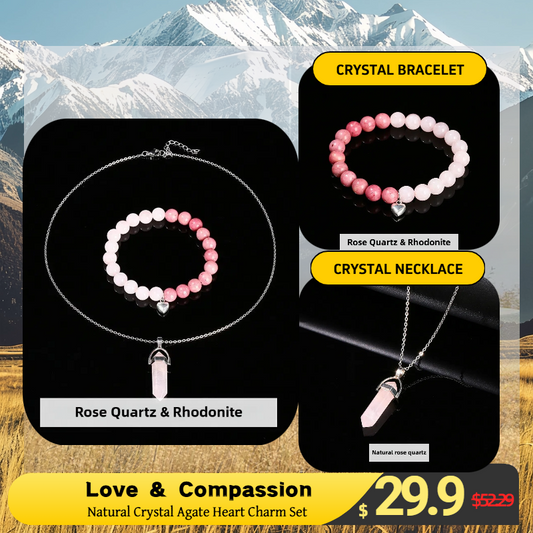 Zen Healing Natural Crystal Agate Heart Charm Bracelet & Necklace Blessing Set