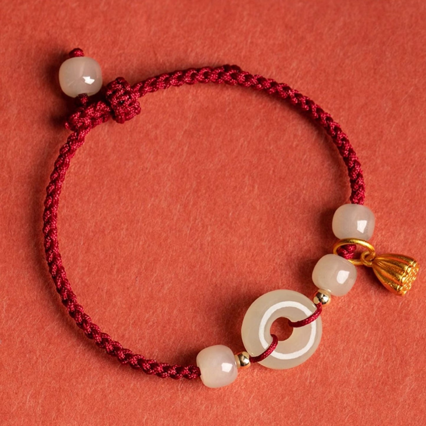 Zen Healing Natural Hetian Jade Peace Buckle Protection Luck Braided String Bracelet Anklet