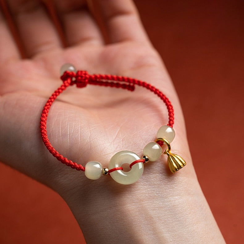 Zen Healing Natural Hetian Jade Peace Buckle Protection Luck Braided String Bracelet Anklet