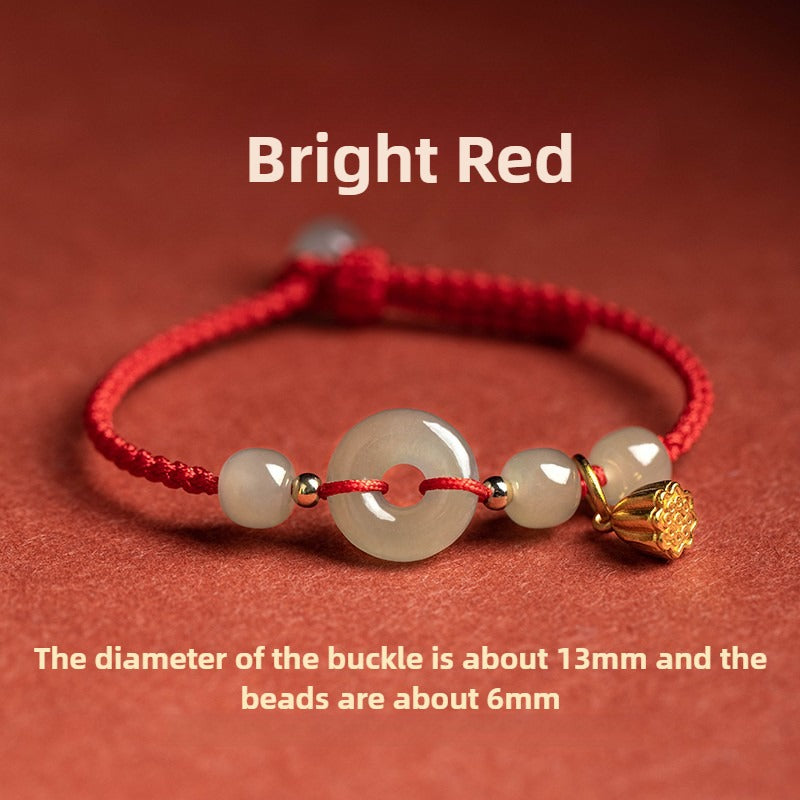 Zen Healing Natural Hetian Jade Peace Buckle Protection Luck Braided String Bracelet Anklet