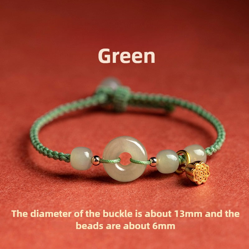 Zen Healing Natural Hetian Jade Peace Buckle Protection Luck Braided String Bracelet Anklet