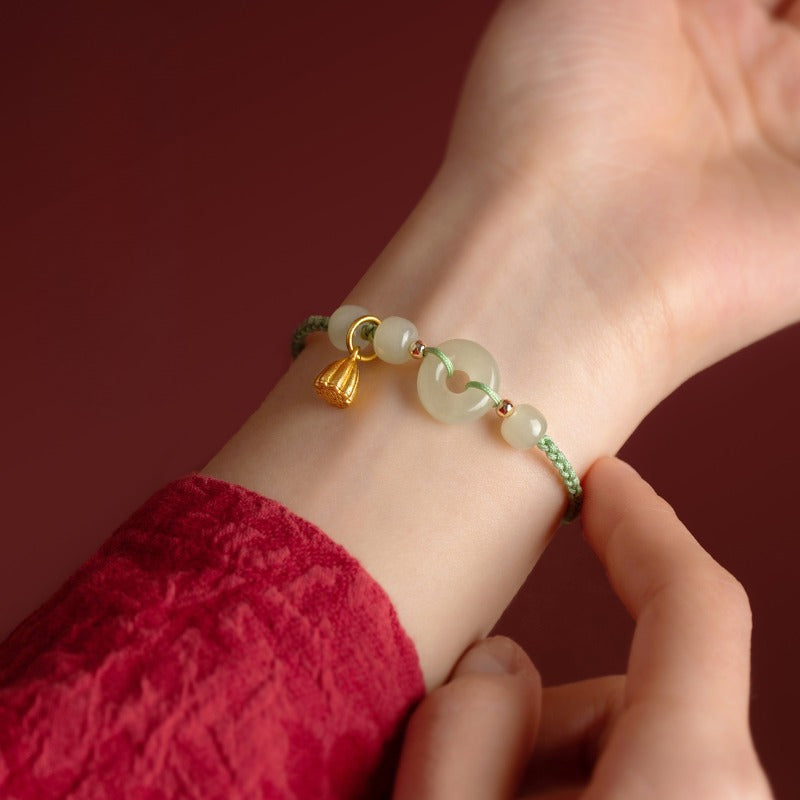 Zen Healing Natural Hetian Jade Peace Buckle Protection Luck Braided String Bracelet Anklet