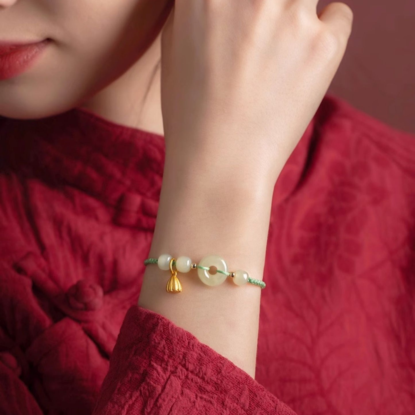 Zen Healing Natural Hetian Jade Peace Buckle Protection Luck Braided String Bracelet Anklet