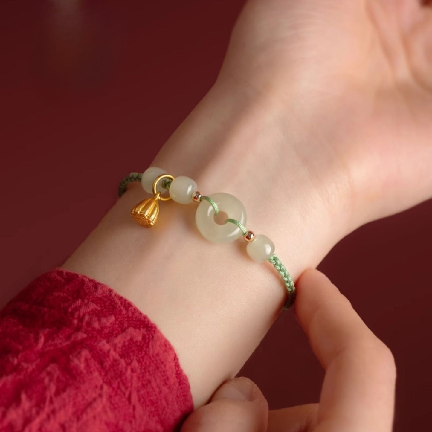 Zen Healing Natural Hetian Jade Peace Buckle Protection Luck Braided String Bracelet Anklet