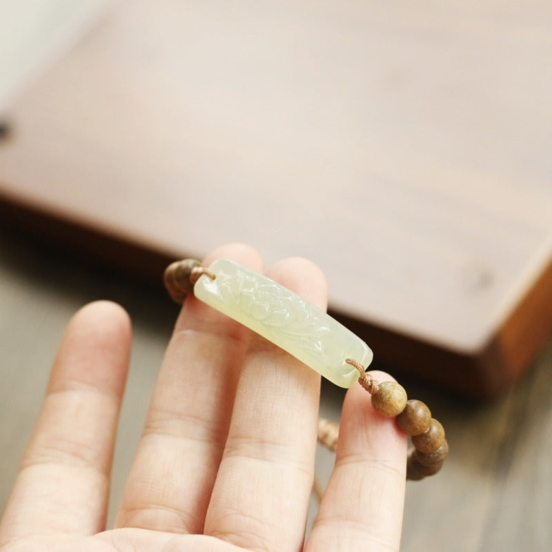 Zen Healing Natural Jade Lotus Pendant Green Sandalwood Bead Calm Bracelet