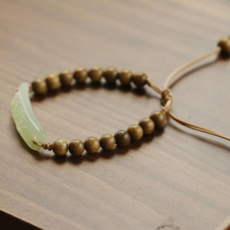 Zen Healing Natural Jade Lotus Pendant Green Sandalwood Bead Calm Bracelet