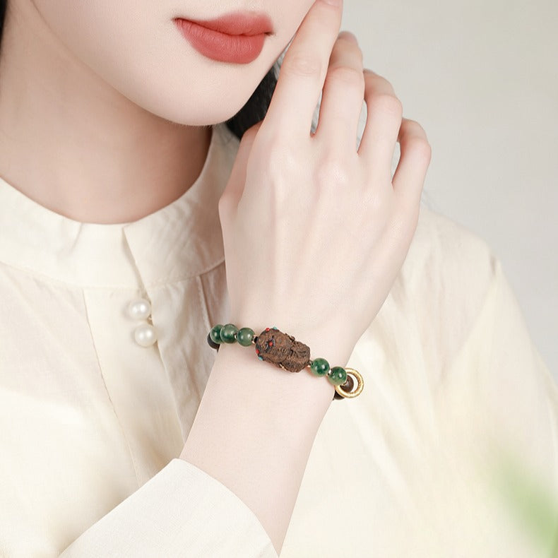 Zen Healing Tibetan Nha Trang Agarwood Ocean Grass Agate Green Tara Zhakiram Peace Harmony Bracelet