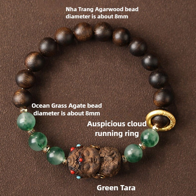 Zen Healing Tibetan Nha Trang Agarwood Ocean Grass Agate Green Tara Zhakiram Peace Harmony Bracelet