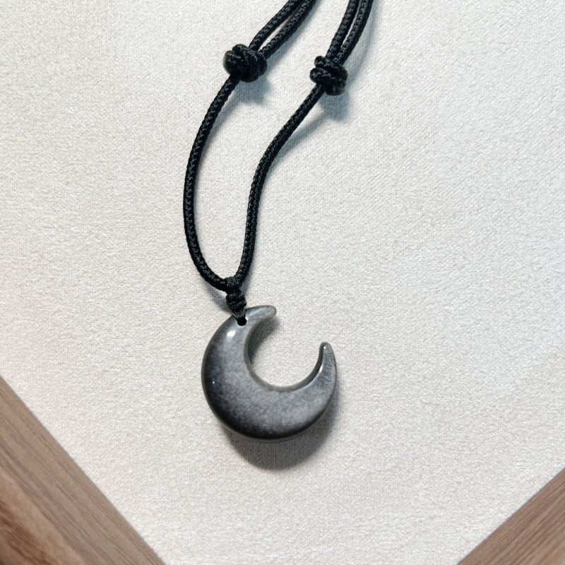 Zen Healing Silver Obsidian Moon Pendant Protection Braided Necklace
