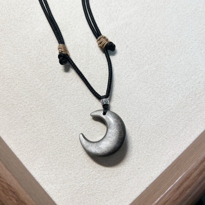 Zen Healing Silver Obsidian Moon Pendant Protection Braided Necklace