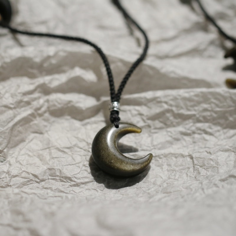Zen Healing Silver Obsidian Moon Pendant Protection Braided Necklace