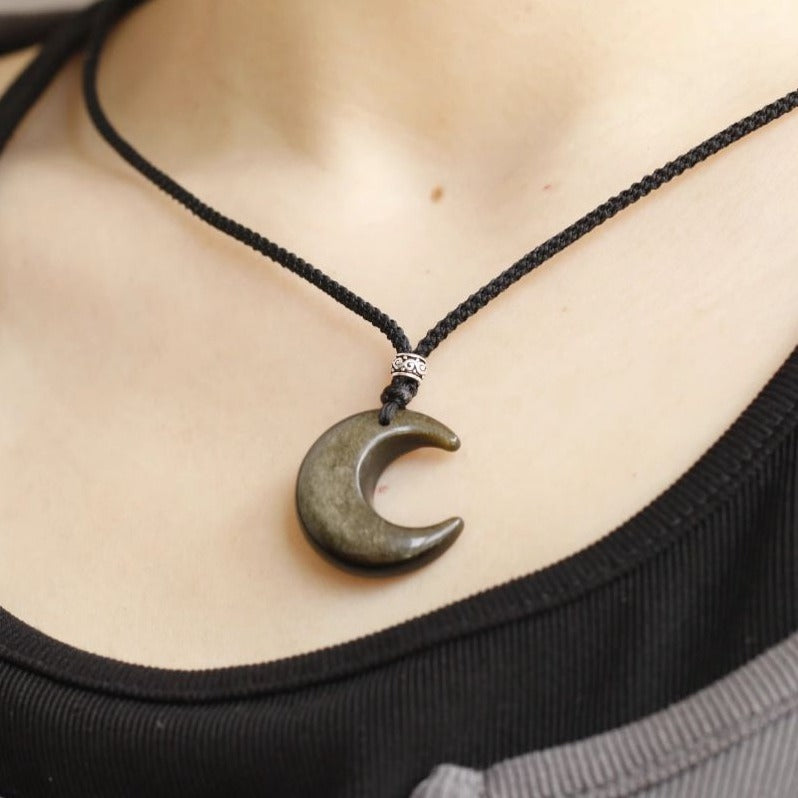 Zen Healing Silver Obsidian Moon Pendant Protection Braided Necklace