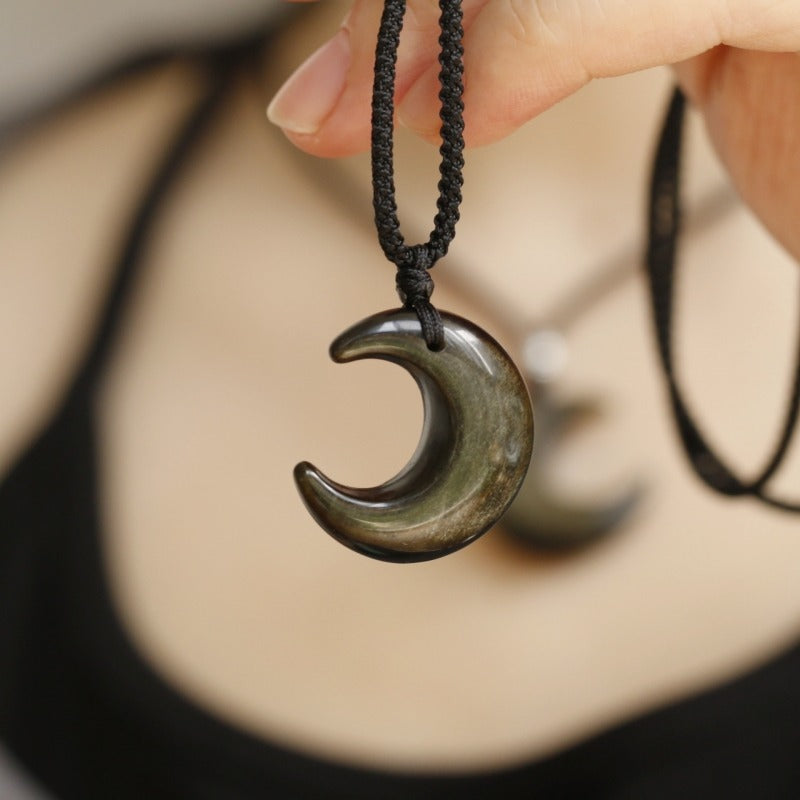Zen Healing Silver Obsidian Moon Pendant Protection Braided Necklace