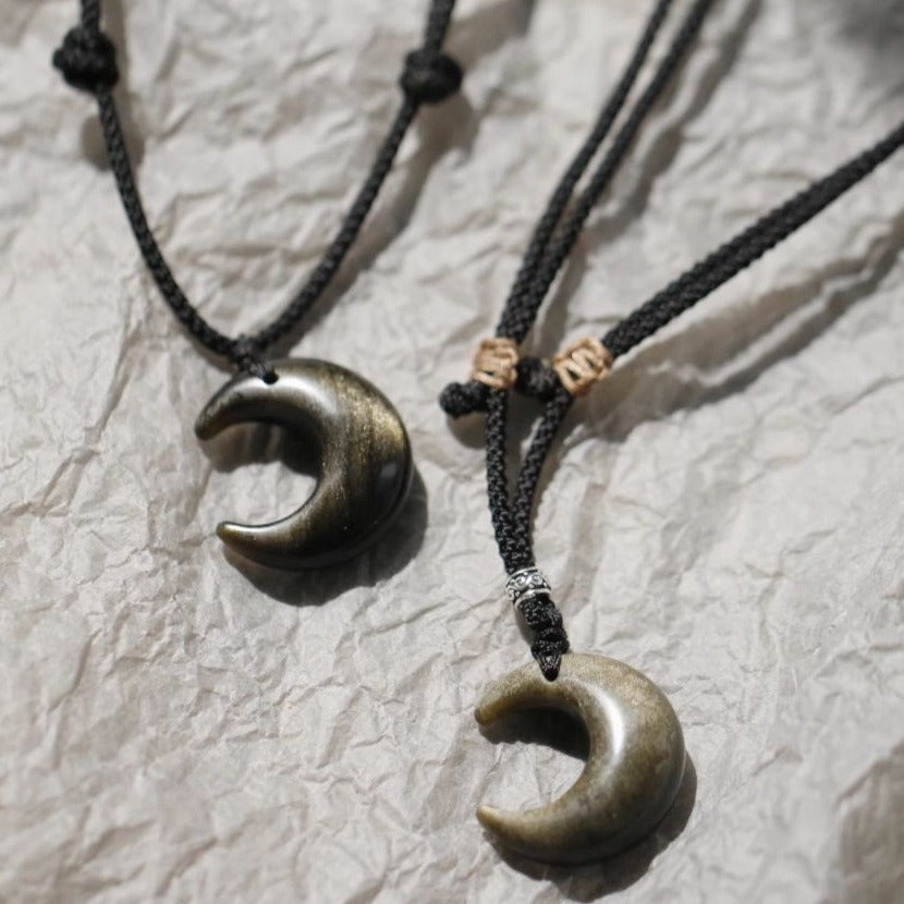 Zen Healing Silver Obsidian Moon Pendant Protection Braided Necklace