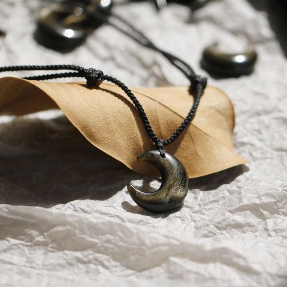 Zen Healing Silver Obsidian Moon Pendant Protection Braided Necklace