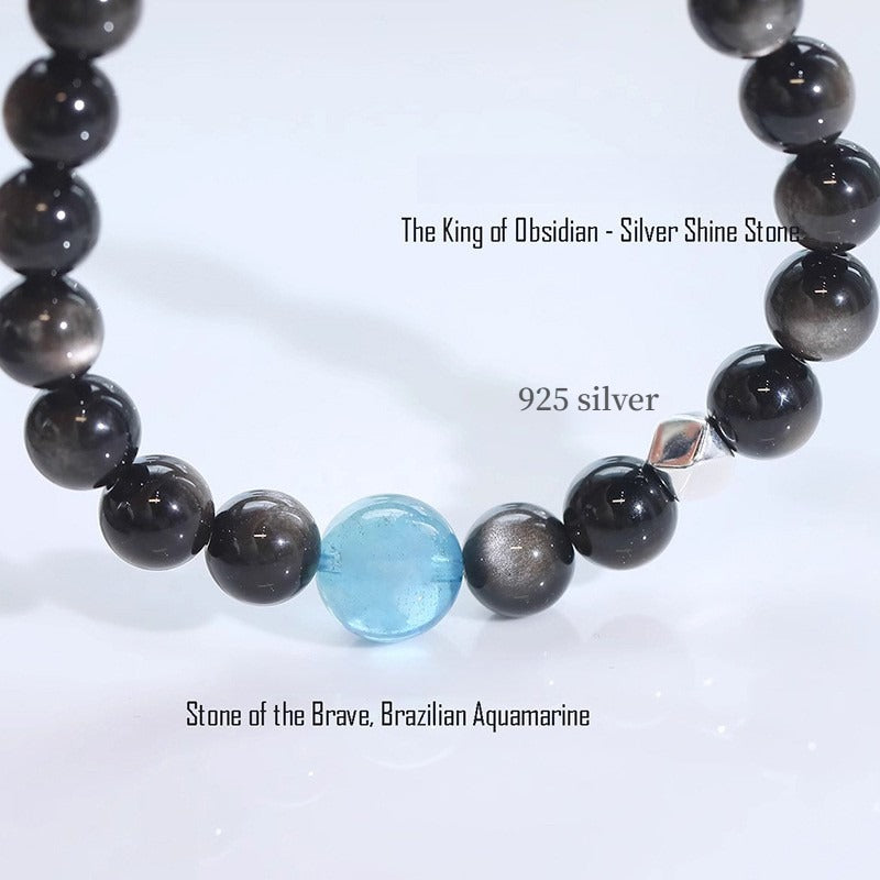 Zen Healing Silver Sheen Obsidian Aquamarine Protection Bracelet